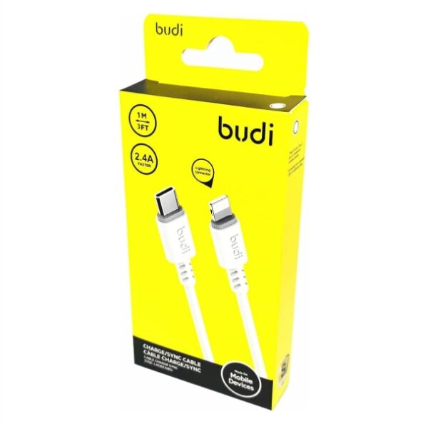 BUDI DC222TL10W - PD20W FASTER CHARGE/SYNC ALUMINUM SHELL CABLE TYPE-C TO LIGHTNING 1M (3FT) - WHITE