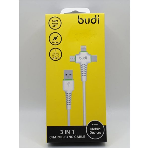 BUDI DC150T3B - CHARGE/SYNC CABLE USB TO 3 IN 1 (LIGHTNING, MICRO USB, TYPE-C) 1.2M (4FT)