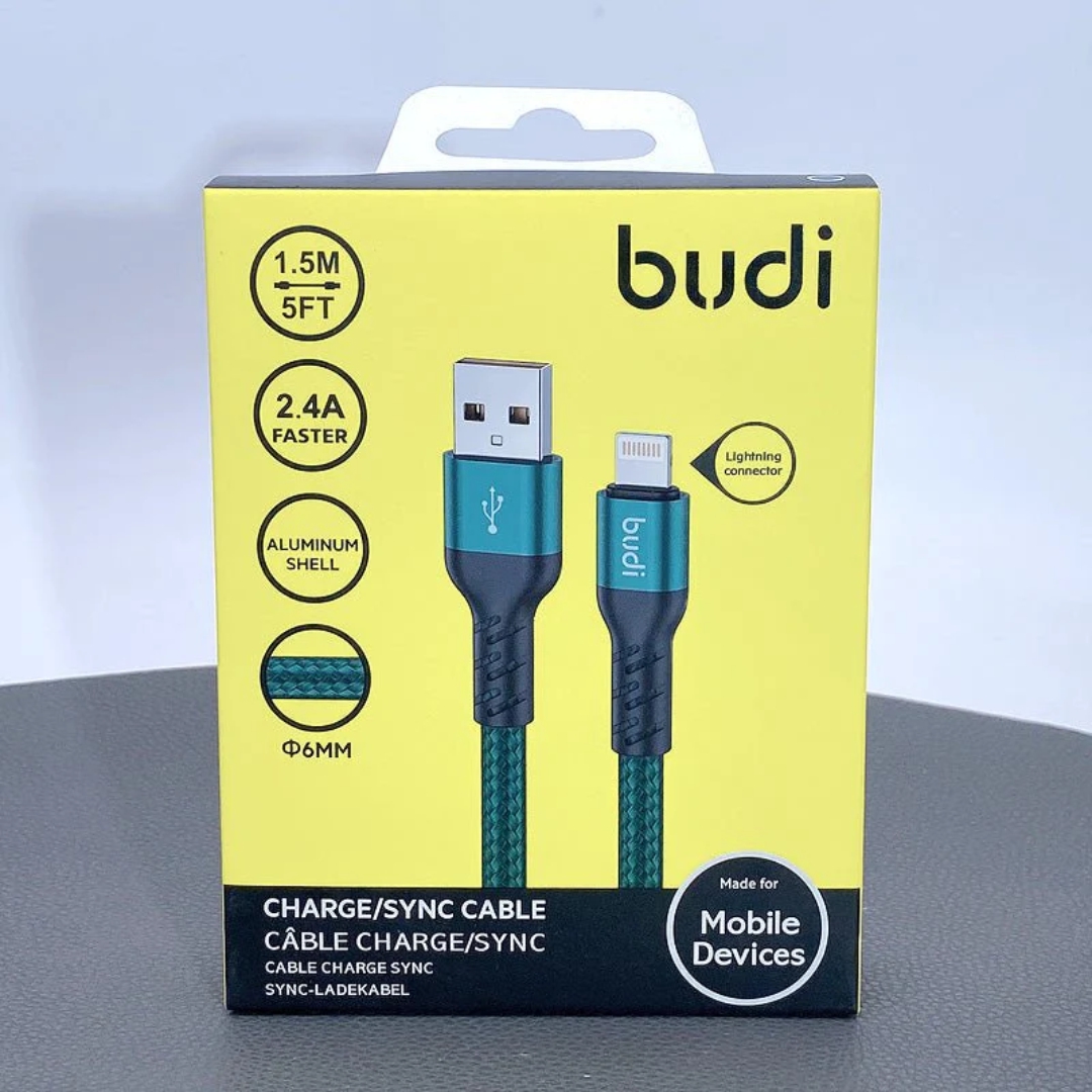 BUDI DC232L15L 2.4A FASTER CHARGE/SYNC ALUMINUM SHELL CABLE USB TO LIGHTNING 1.5M (5FT)