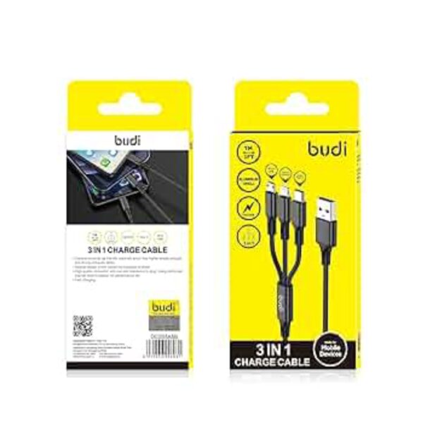 BUDI DC203A2R10B - CHARGE CABLE  1 IN 3 (2X LIGHTNING, TYPE-C) TO USB 1M (3FT)