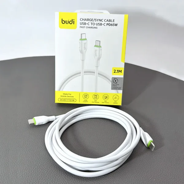BUDI DC261TT21W - CHARGE/SYNC CABLE, TYPE-C TO TYPE-C, 2.1M (7FT), 65W FAST CHARGING